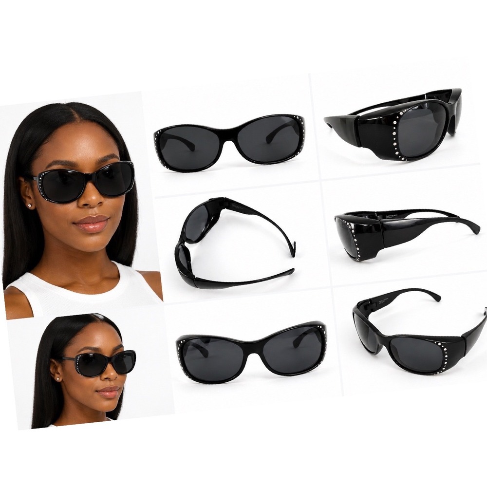 Solar Shield Black Fit Over Sunglasses Polarized Rhinestone‎ 2C190Y Case 103-121